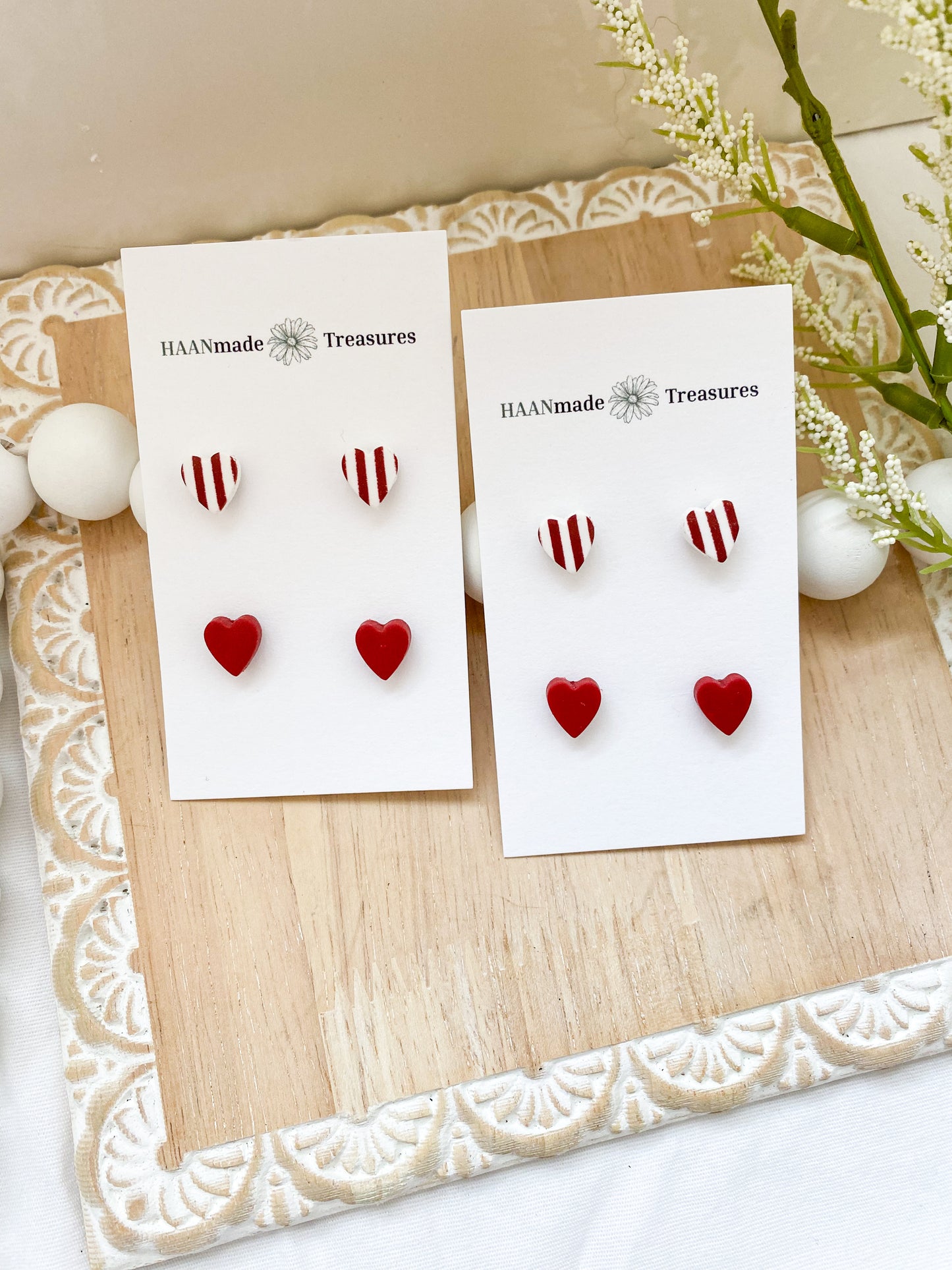 Red & White Candy Stripe Heart Studs