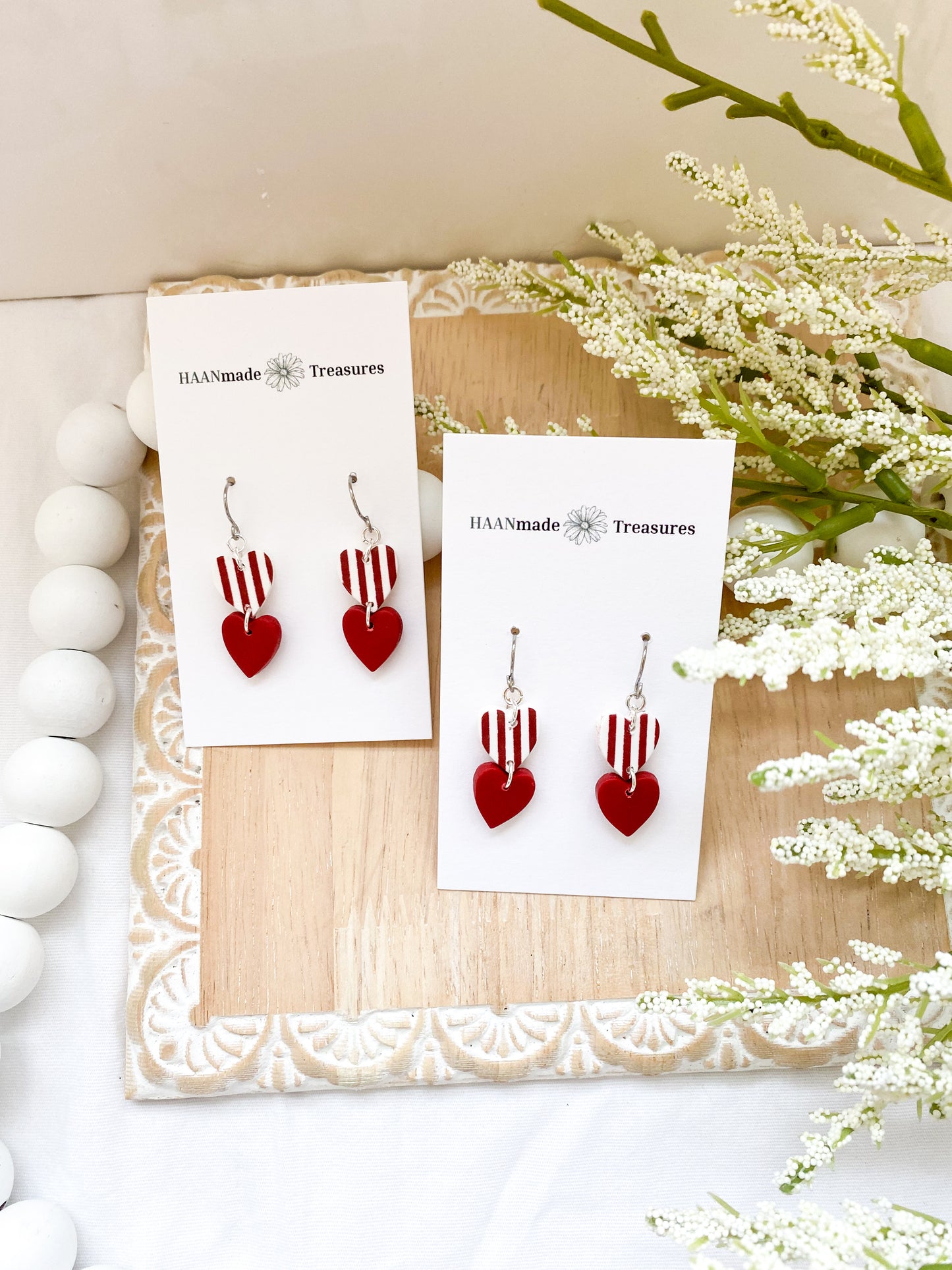 Red & White Candy Stripe Heart Dangles