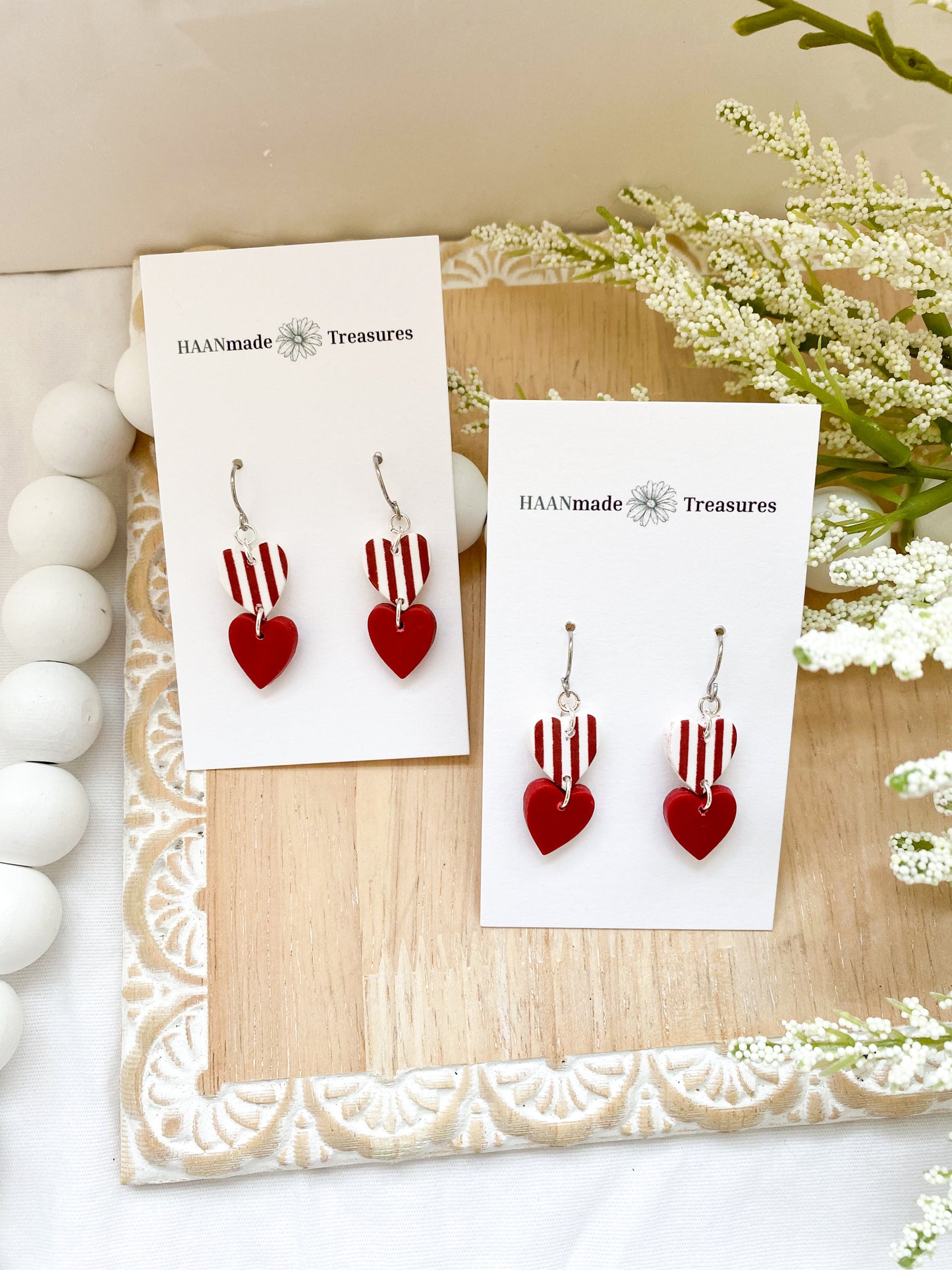 Red & White Candy Stripe Heart Dangles