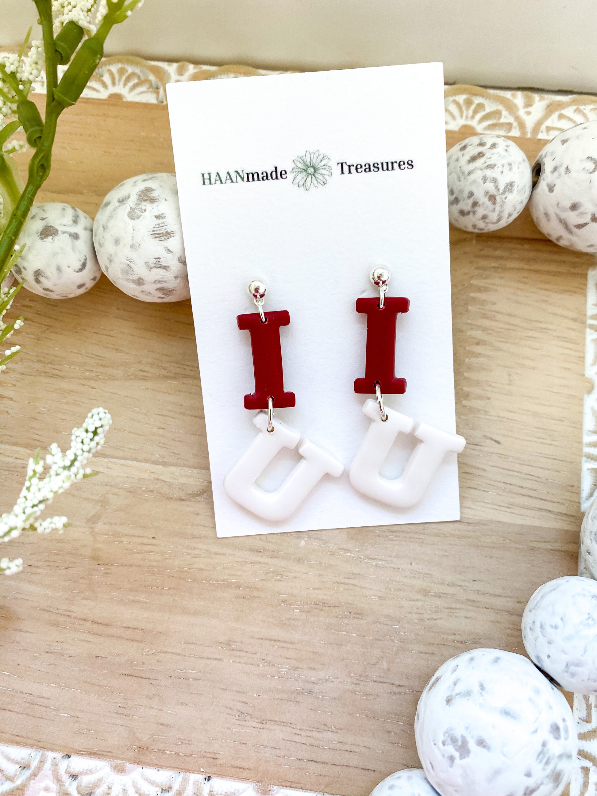 Cream and crimson earrings