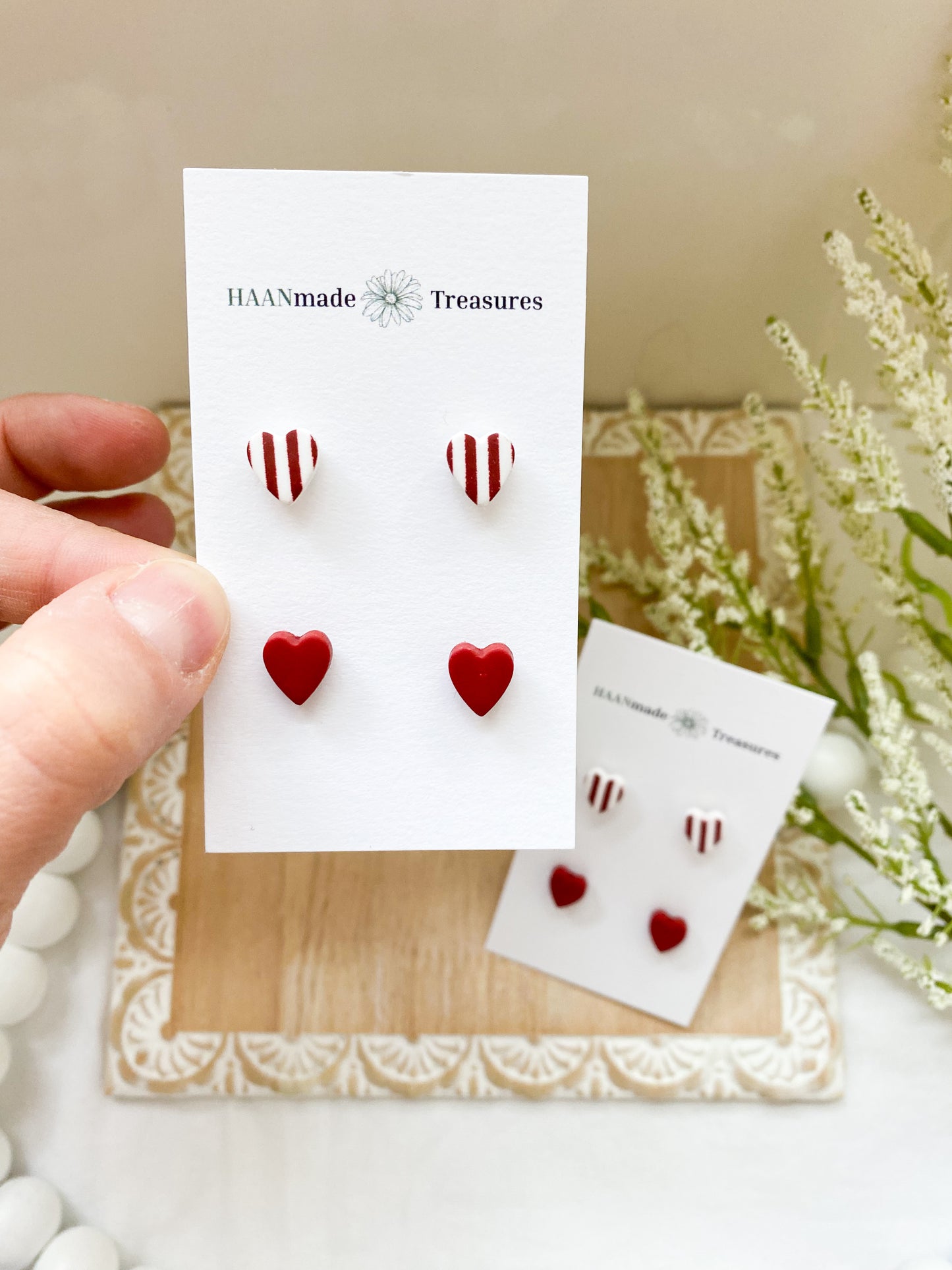 Red & White Candy Stripe Heart Studs