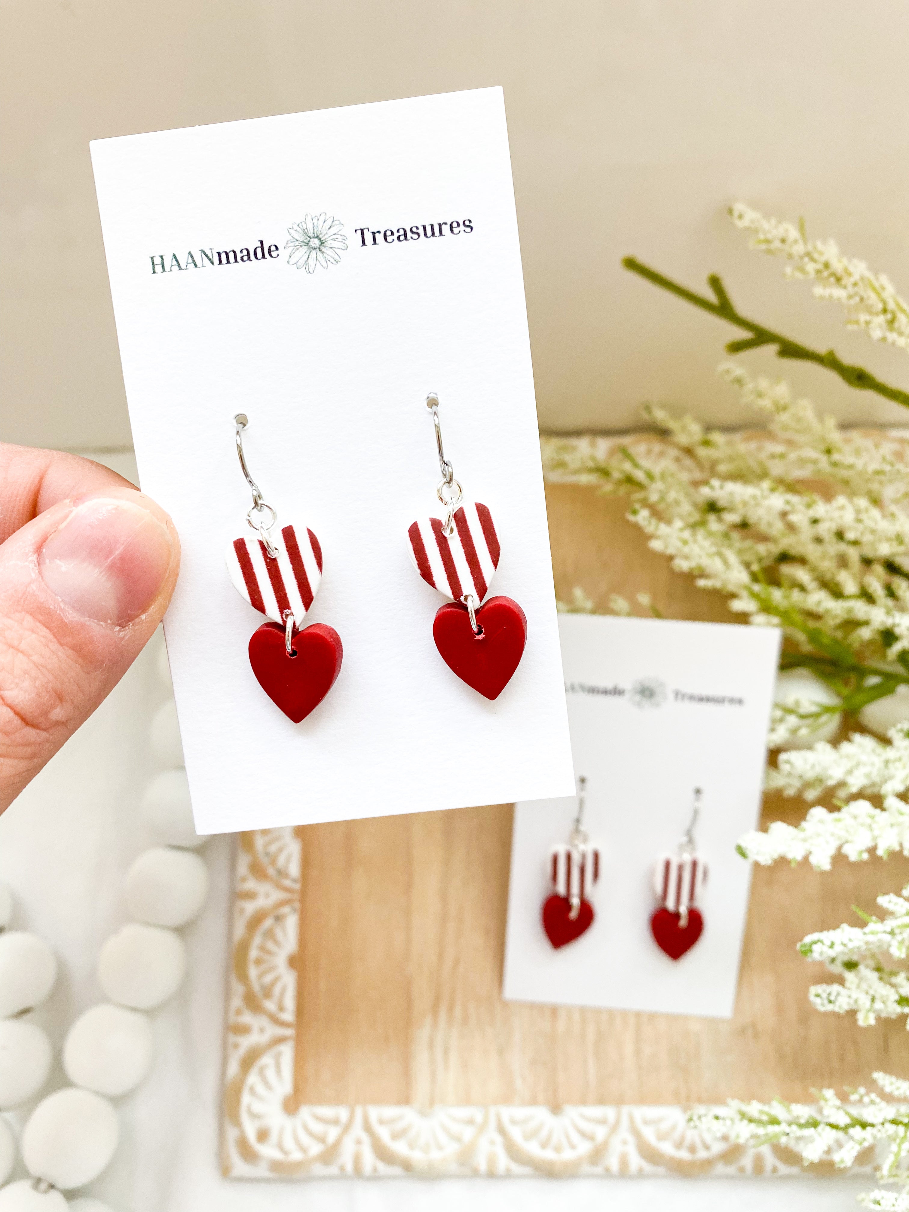 Red & White Candy Stripe Heart Dangles