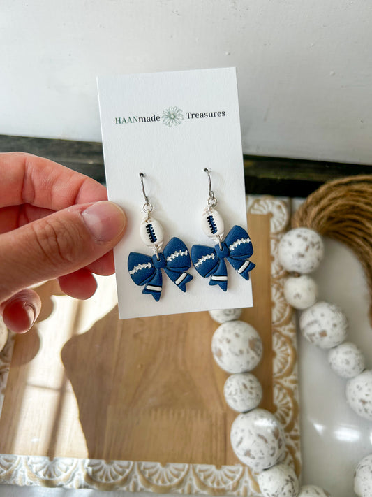 Blue and White Football Bows