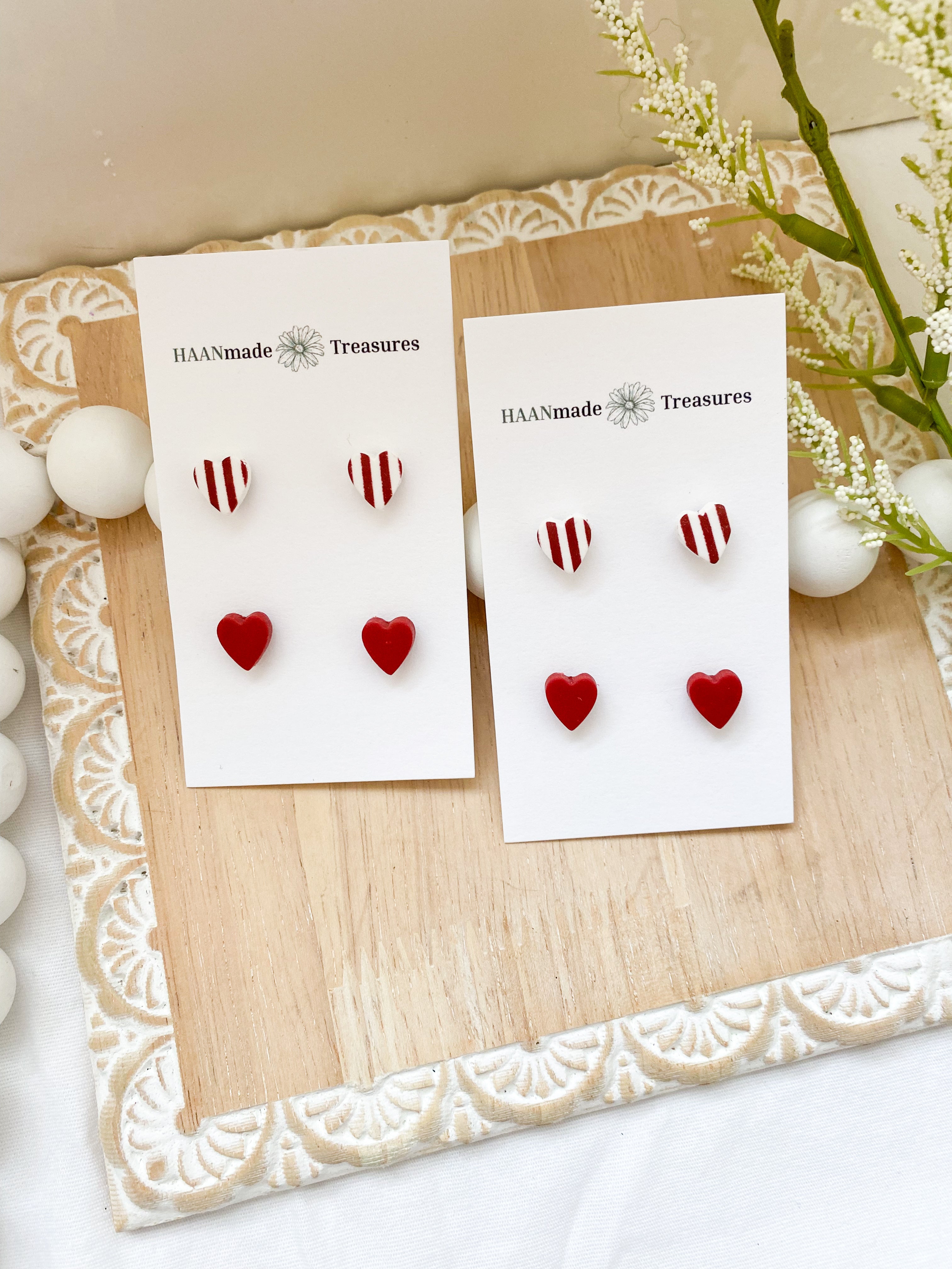 Red & White Candy Stripe Heart Studs