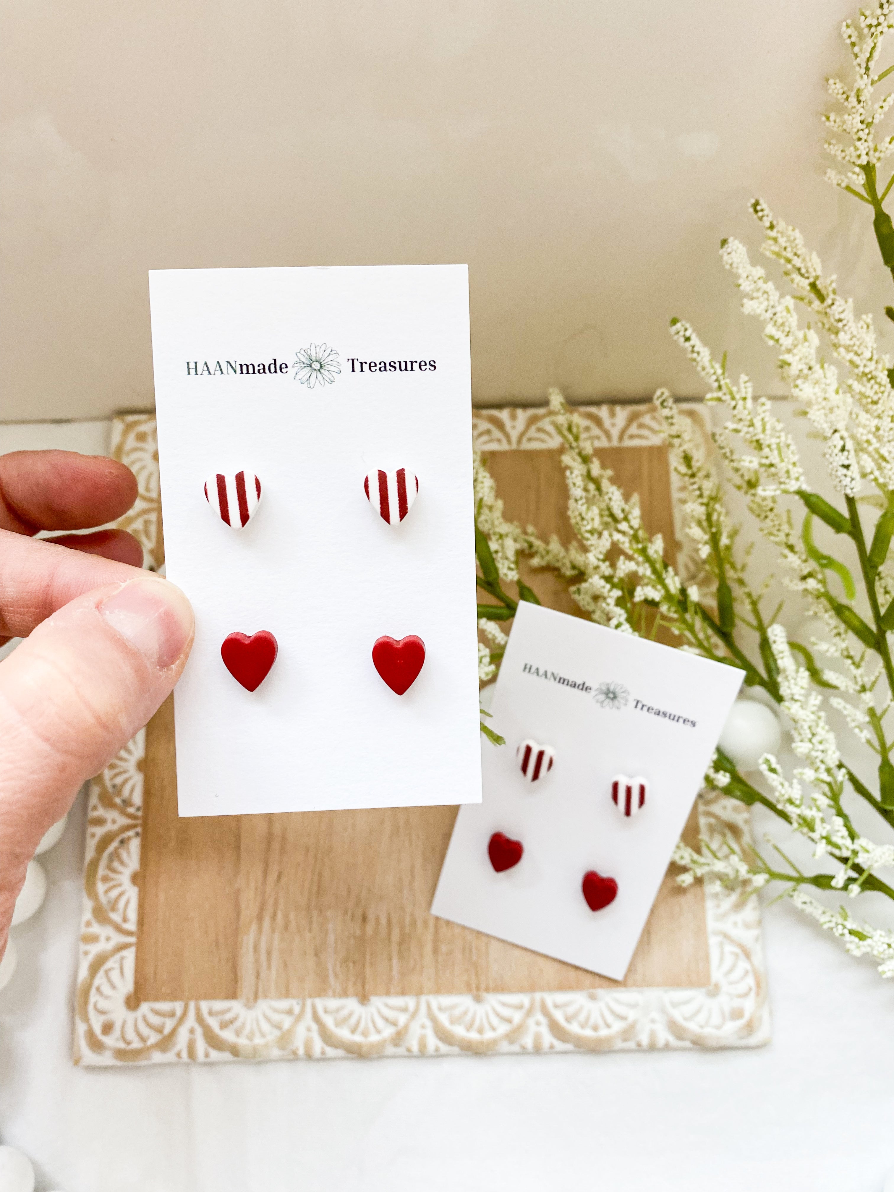 Red & White Candy Stripe Heart Studs